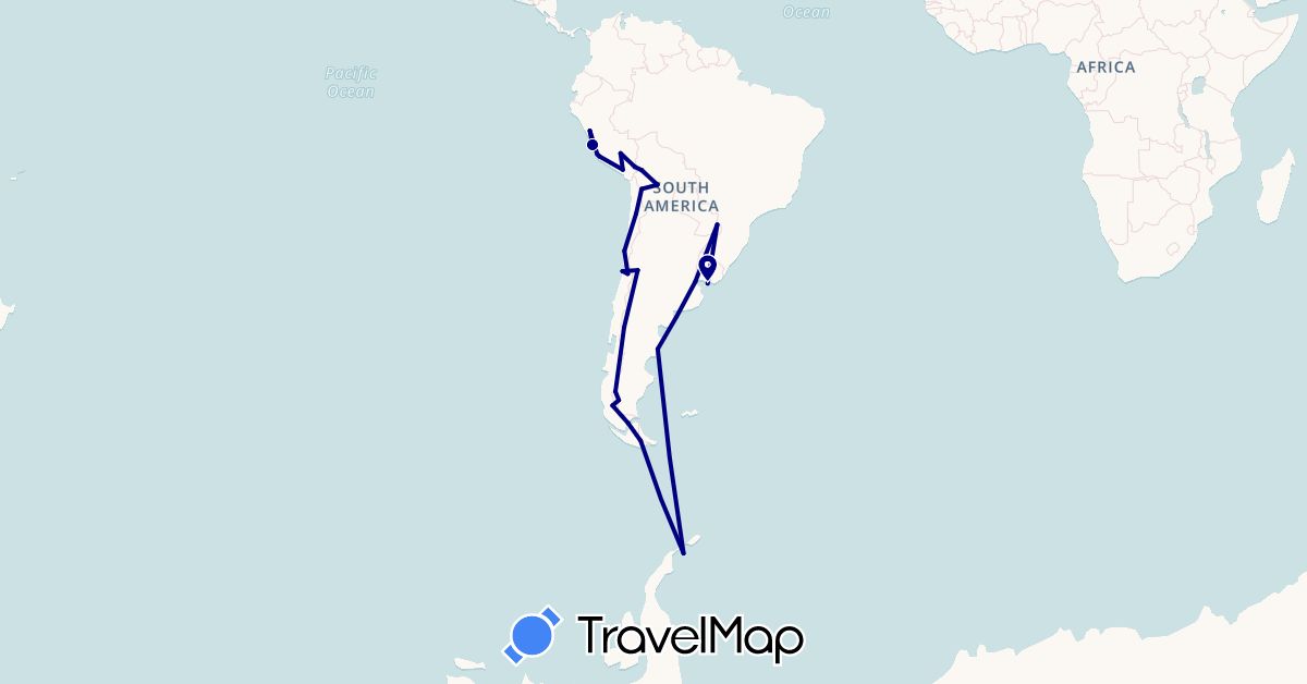 TravelMap itinerary: driving in Antarctica, Argentina, Bolivia, Chile, Peru, Uruguay (Antarctica, South America)